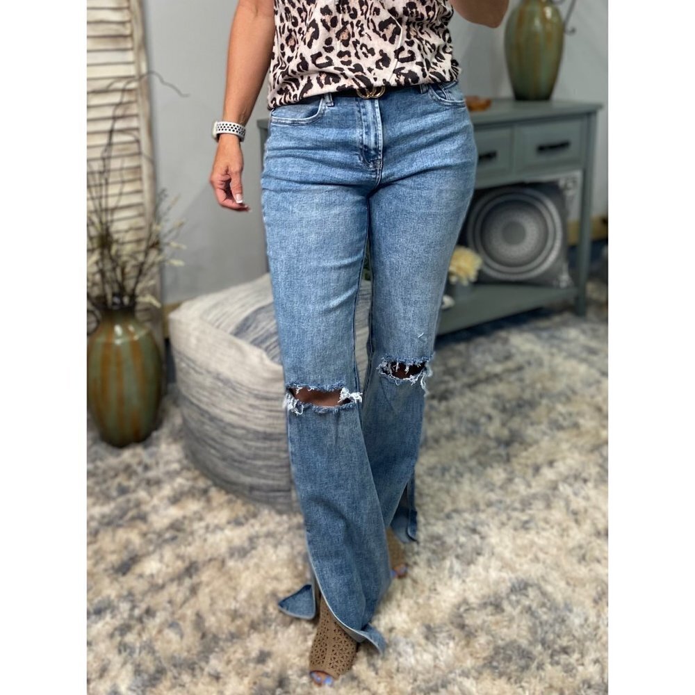 Risen High Rise Long Inseam Distressed Straight Split Side Jean Medium 2422